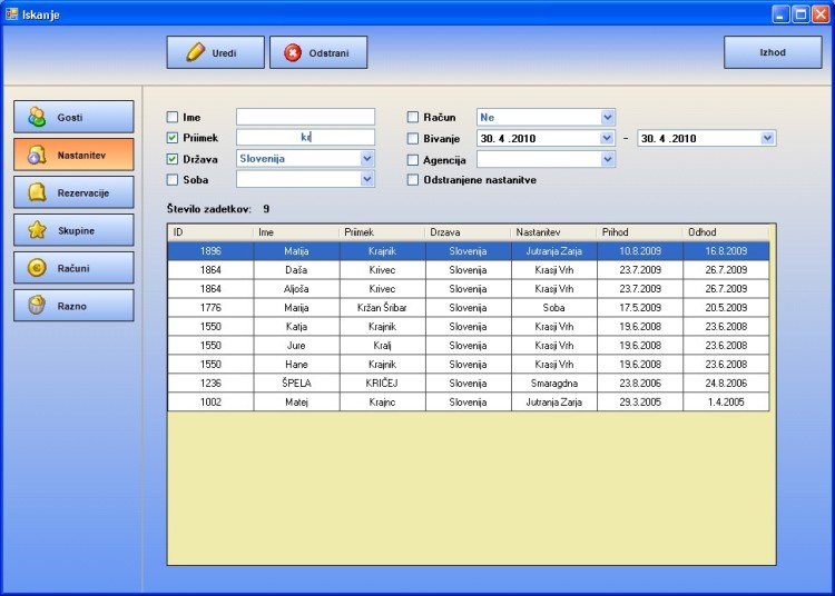 Iskanje po razli�nih objektih (gosti, Nastanitve, Rezervacije, Skupine, Ra�uni in ostali)