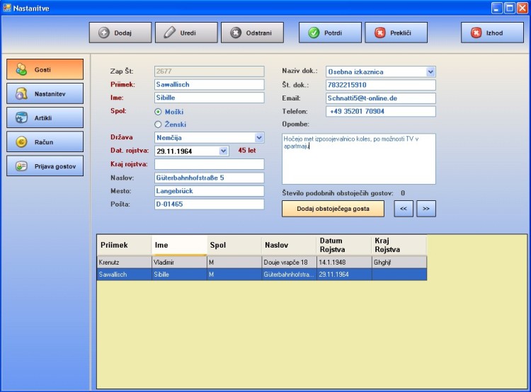 Urejanje gostov na nastanitvi
