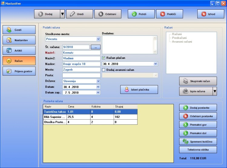 Izdaja ra�una na nastanitvi